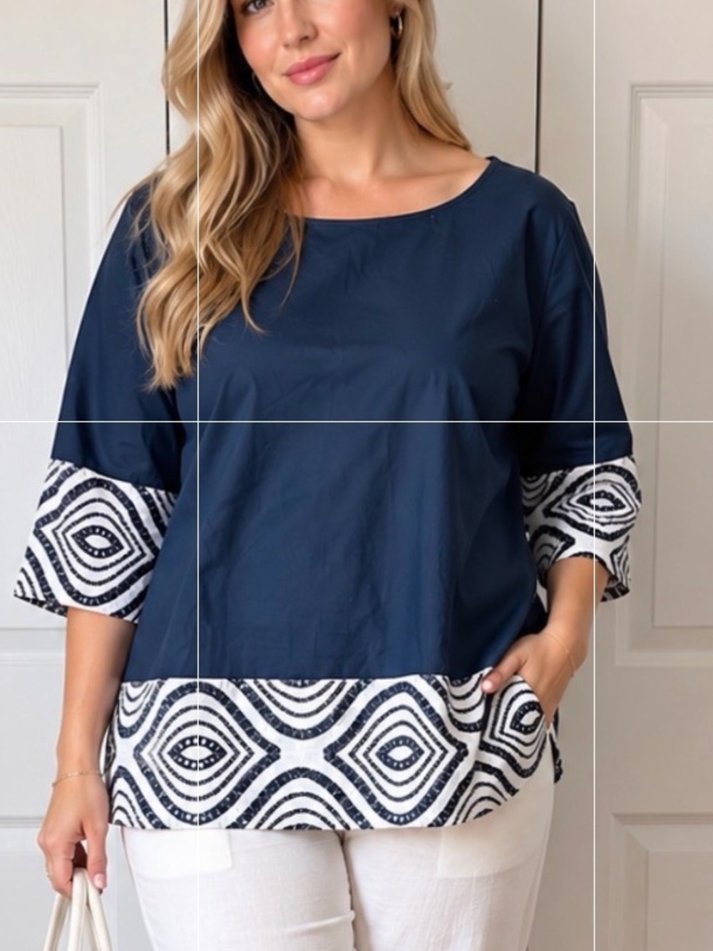 NWT CARLA B MADE IN ITALY Navy Patterned-Hem Tunic Top